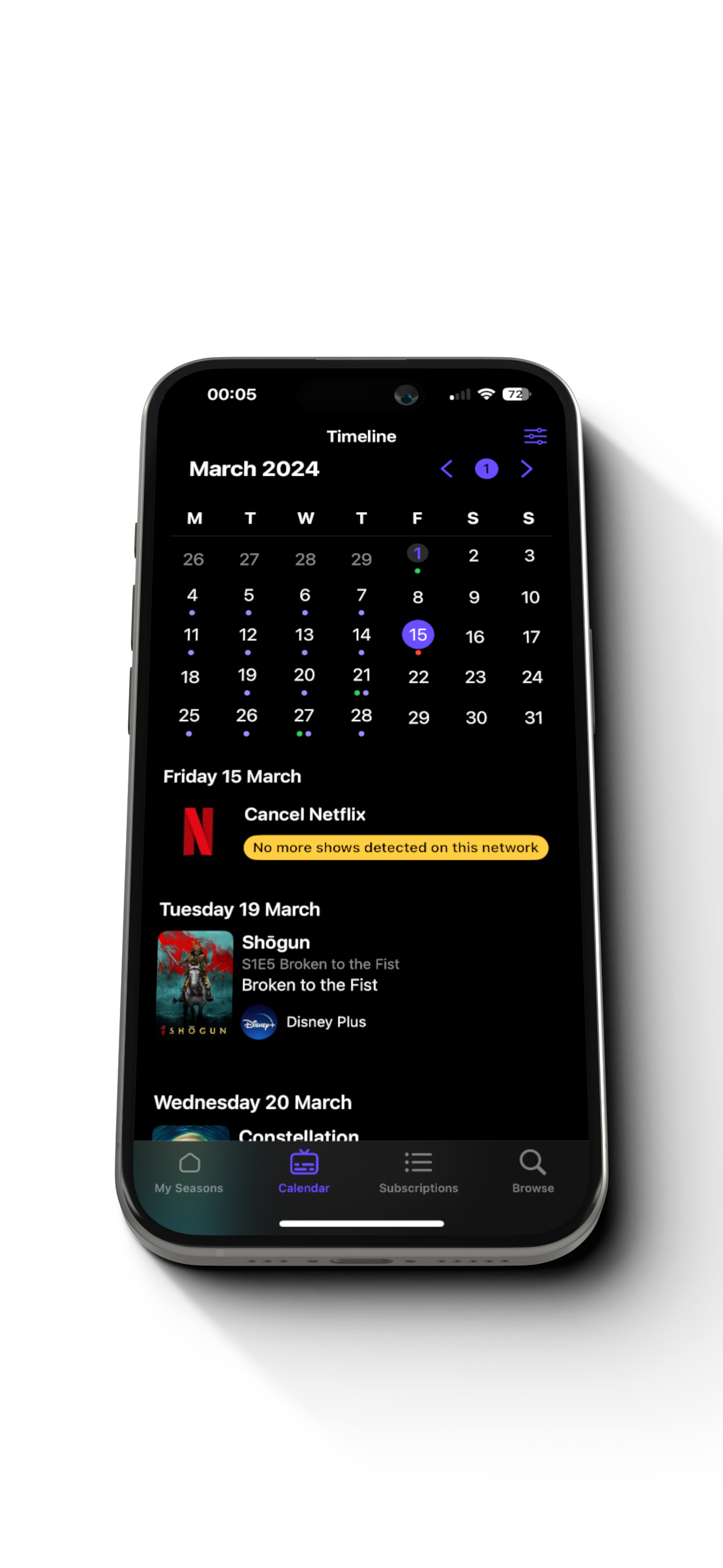 Seasons calendar showing upcoming premieres